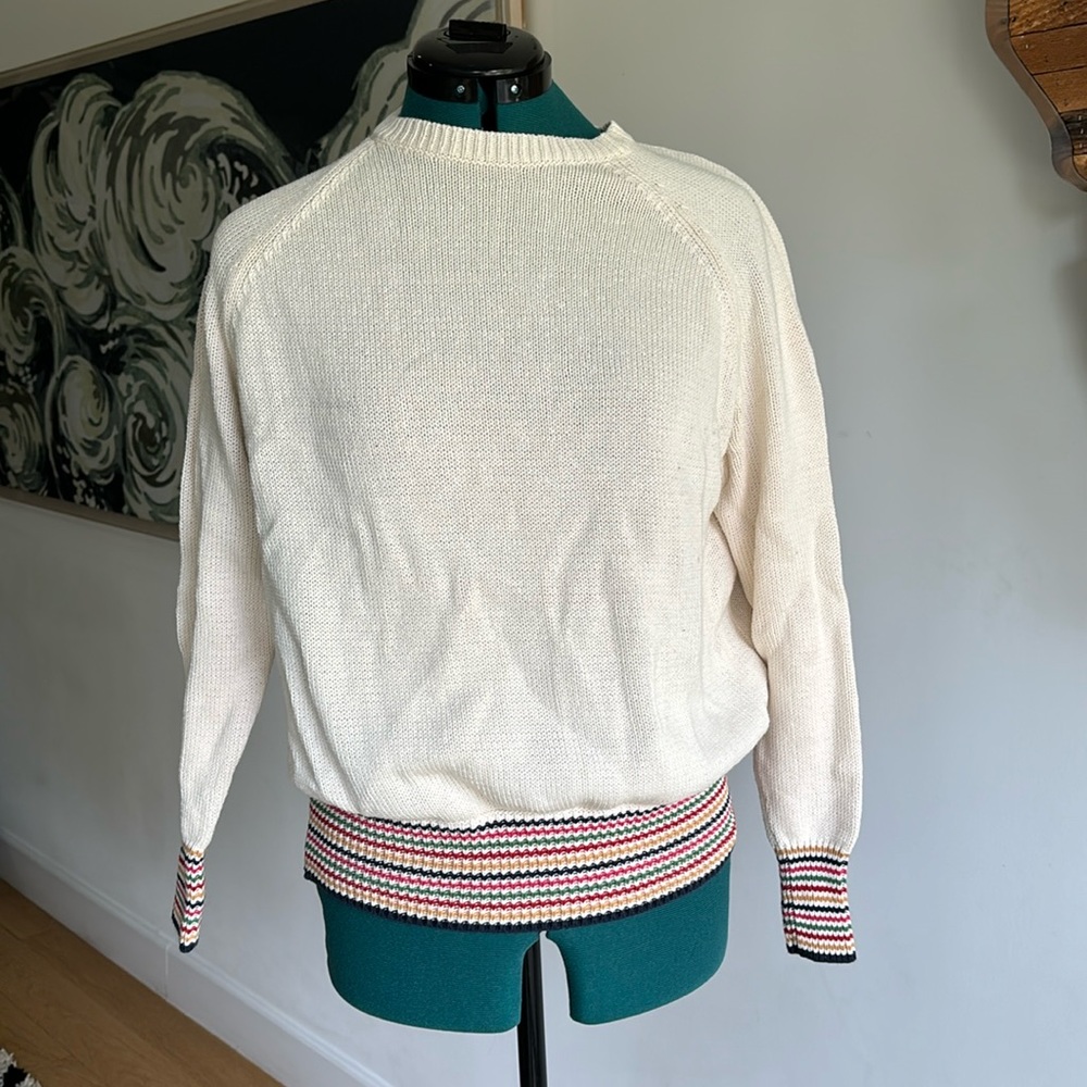 THE GREAT. Cream Knit Sweater With Multicolor Striped Ribbing Size 0